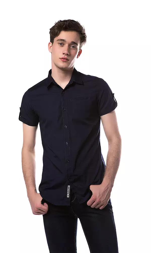 33892 Roll Up Sleeves Side Pocket Navy Blue Shirt