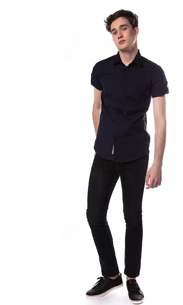 33892 Roll Up Sleeves Side Pocket Navy Blue Shirt