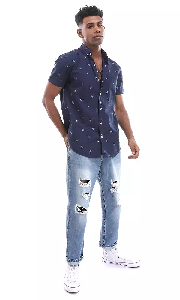 95010 Casual Self Patterned Full Buttoned Navy Blue Shirt