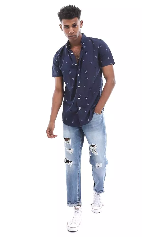 95010 Casual Self Patterned Full Buttoned Navy Blue Shirt