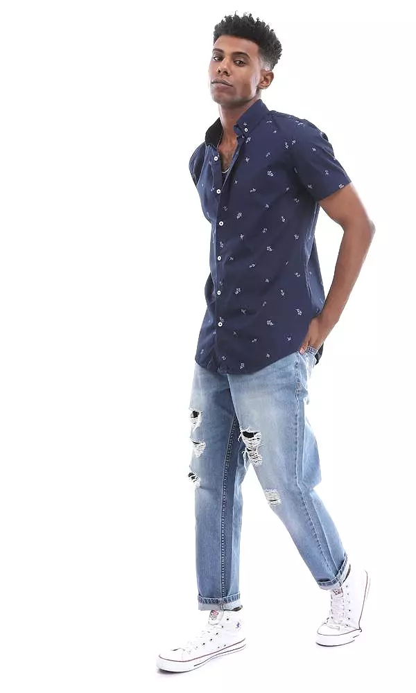 95010 Casual Self Patterned Full Buttoned Navy Blue Shirt