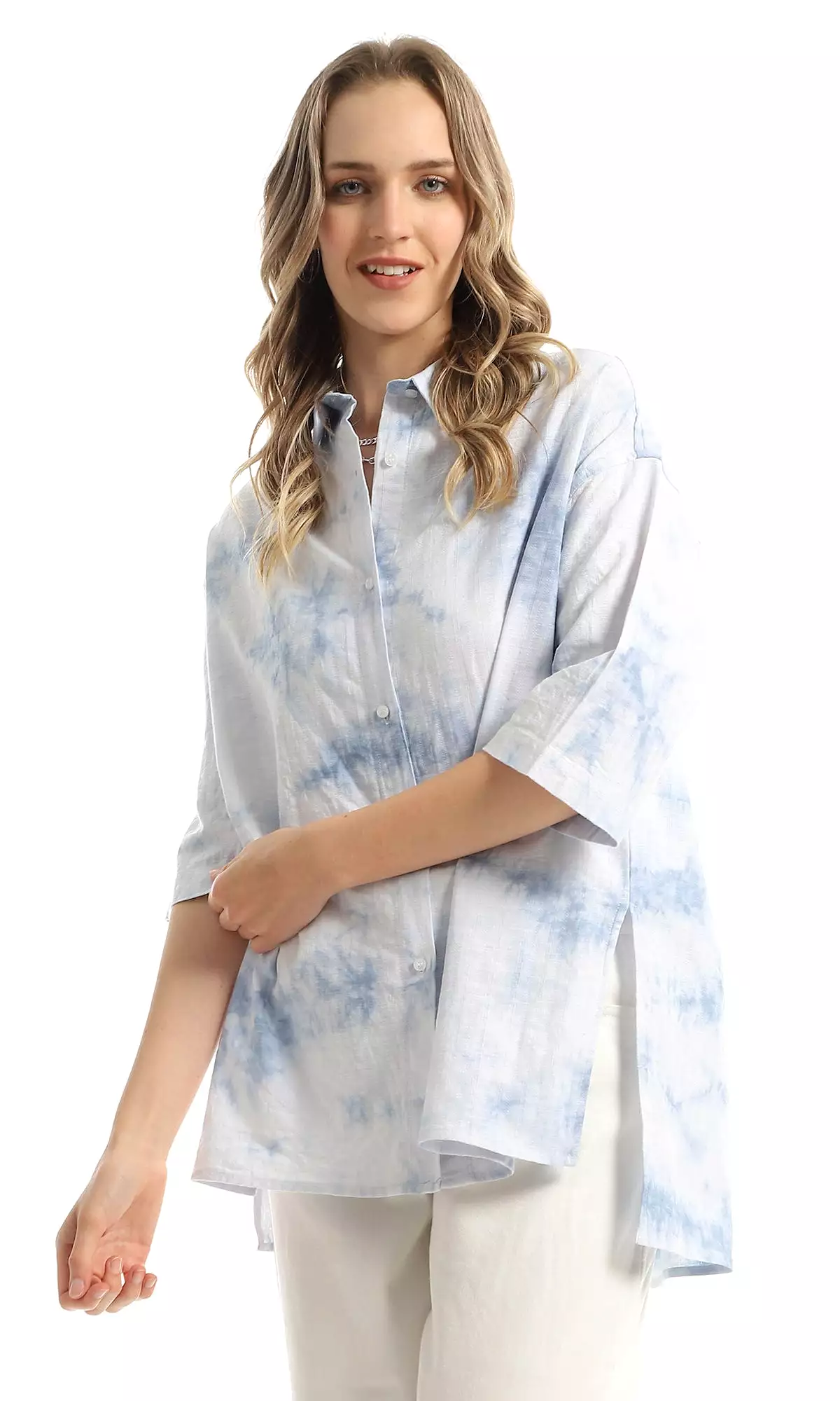 98936 Tie Dye Over Sized Self Patterned Light Blue Shirt