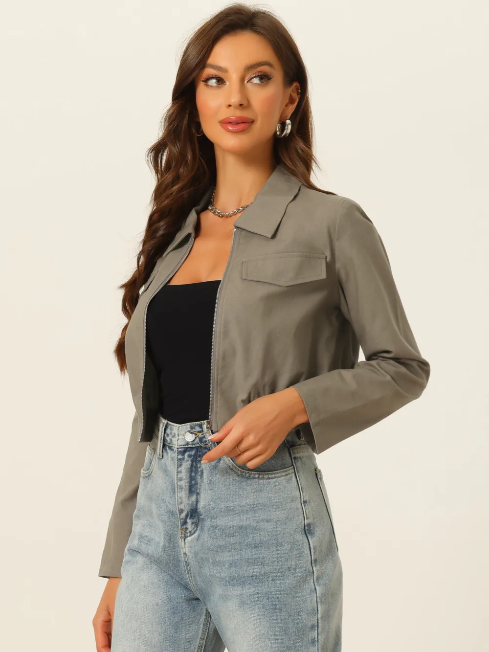 Allegra K- Zip Up Lightweight Cropped Bomber Jackets