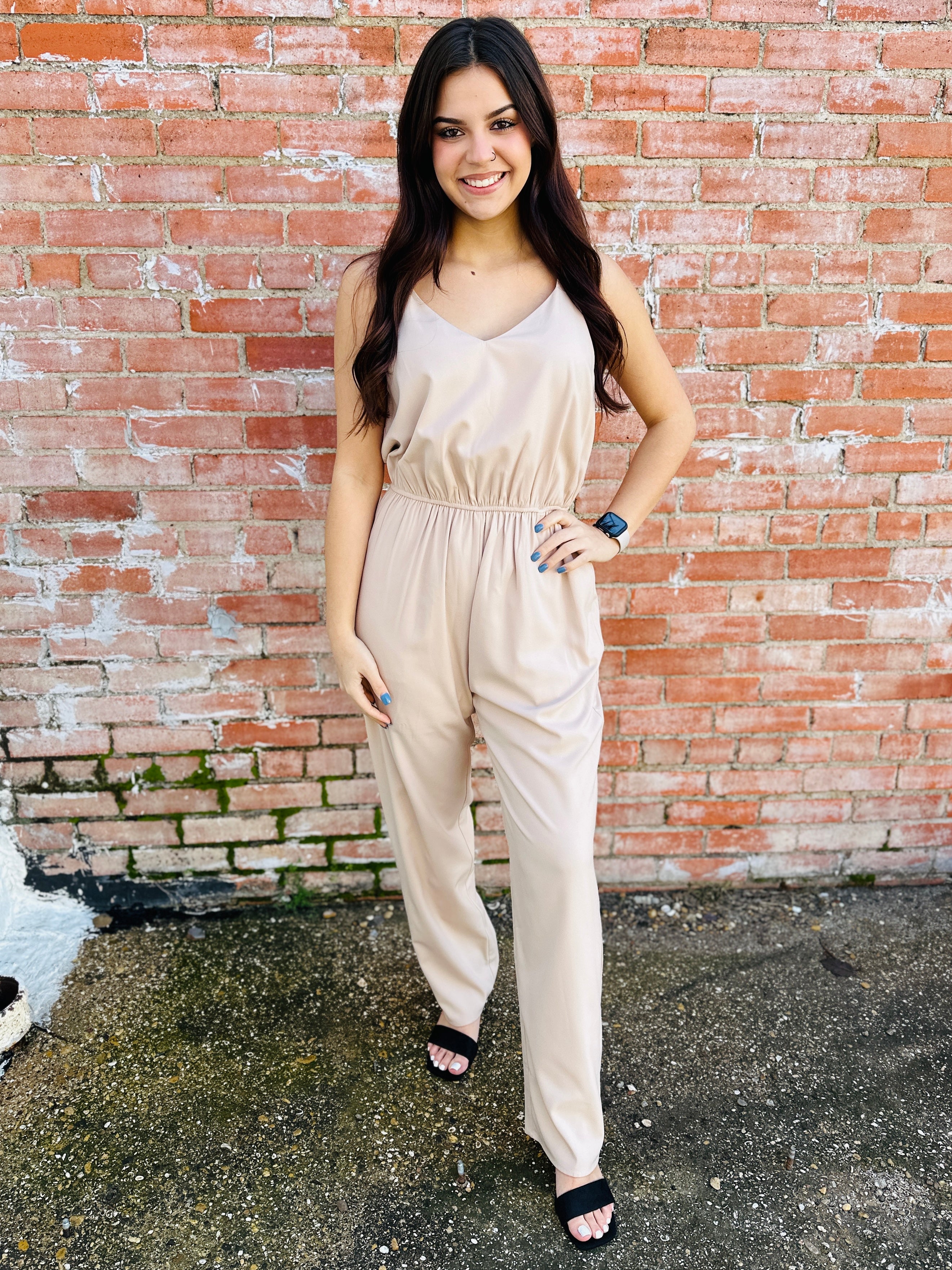 At First Glance V-Neck Jumpsuit  Beige