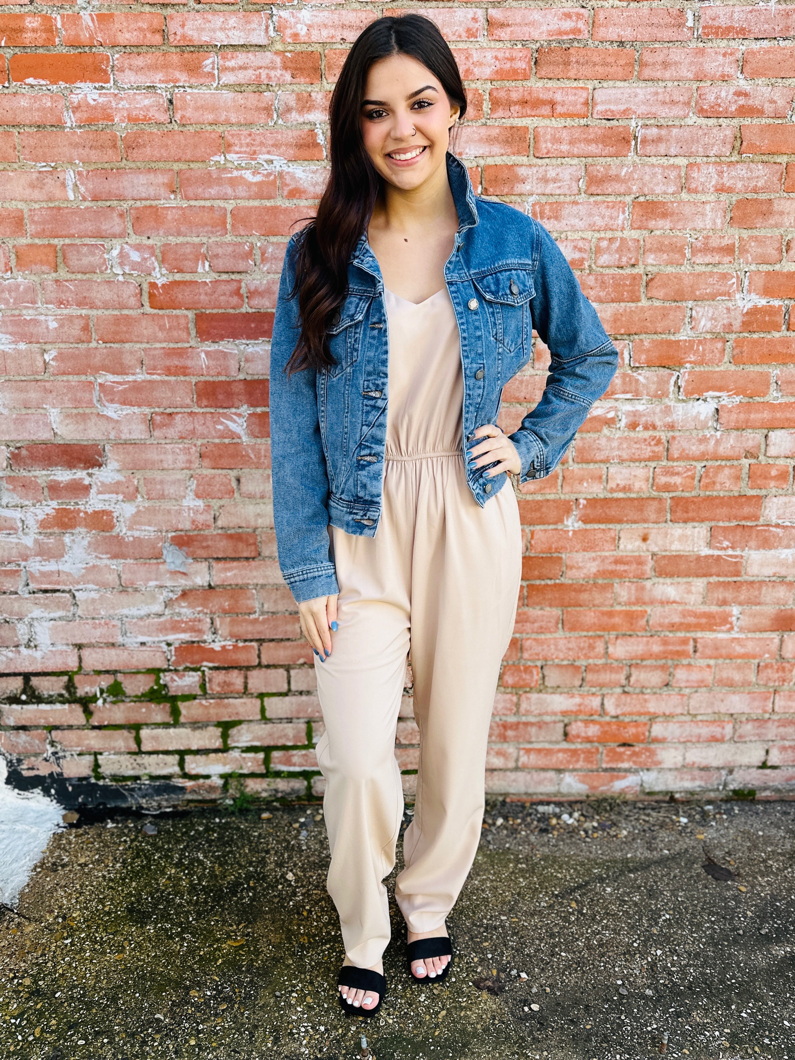 At First Glance V-Neck Jumpsuit  Beige