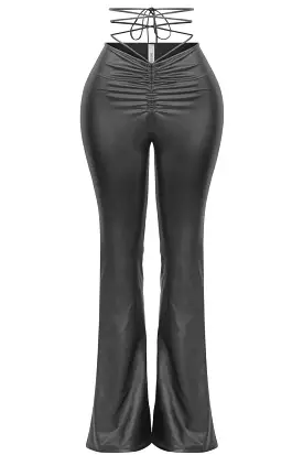 Ayanna Waist Tie Flare Pants (Black Leather)