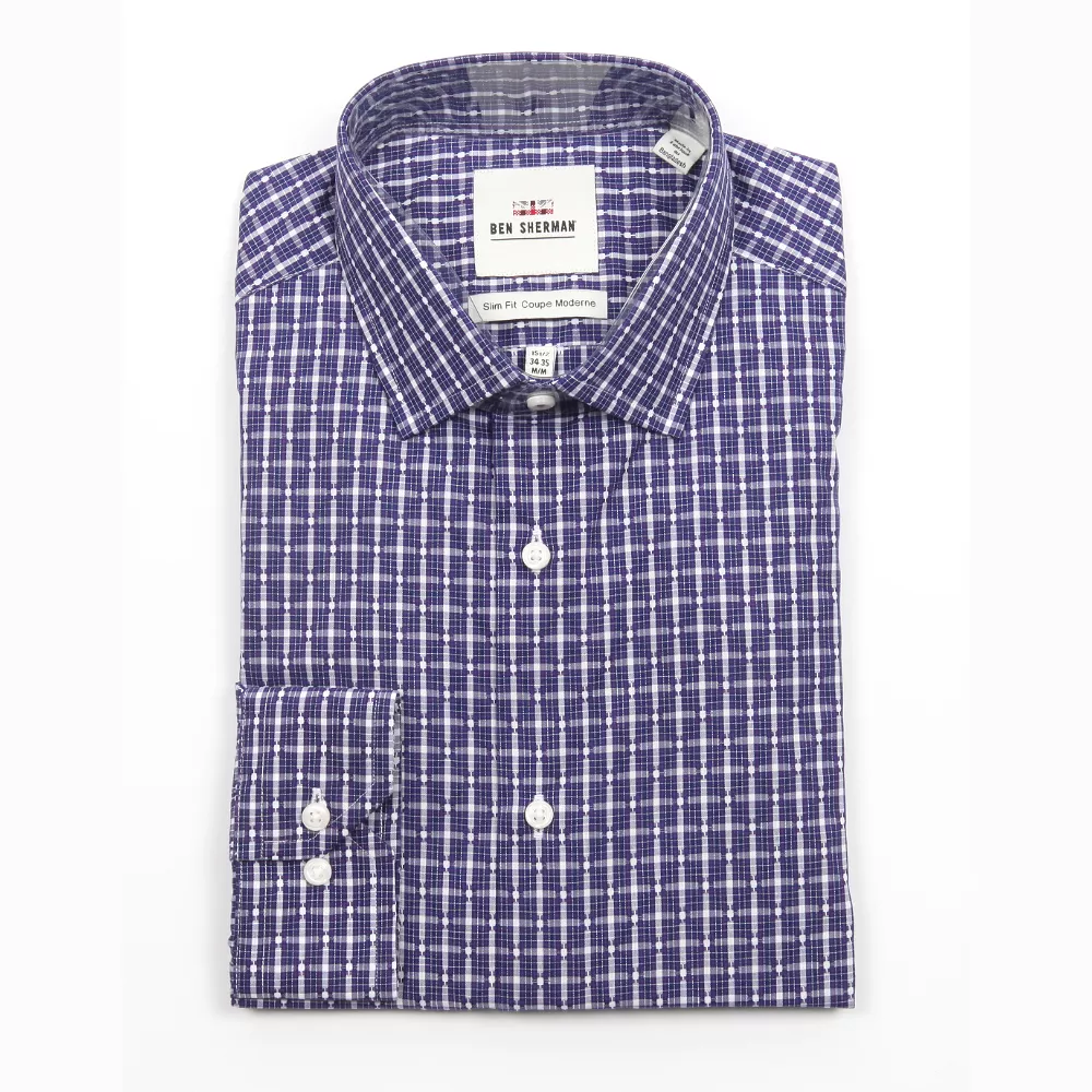 BEN SHERMAN - Dobby Check Modern Slim Fit Shirt - NAVY PLUM