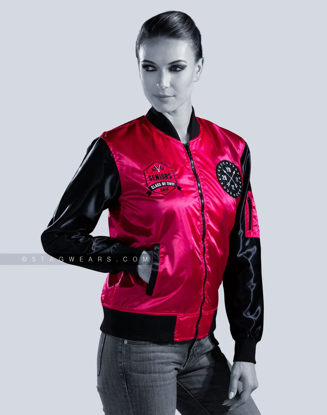 Custom Satin Bomber Jackets | Women Pink Bomber Jacket