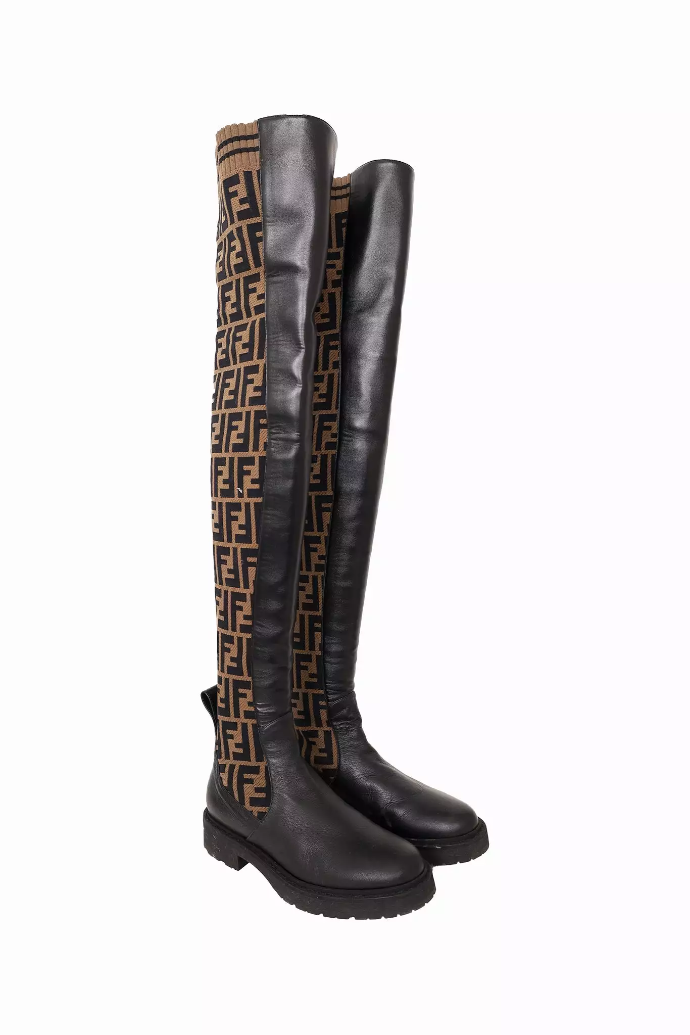 Fendi Brown Zucca Print Stretch Knit Thigh High Boots Size 35