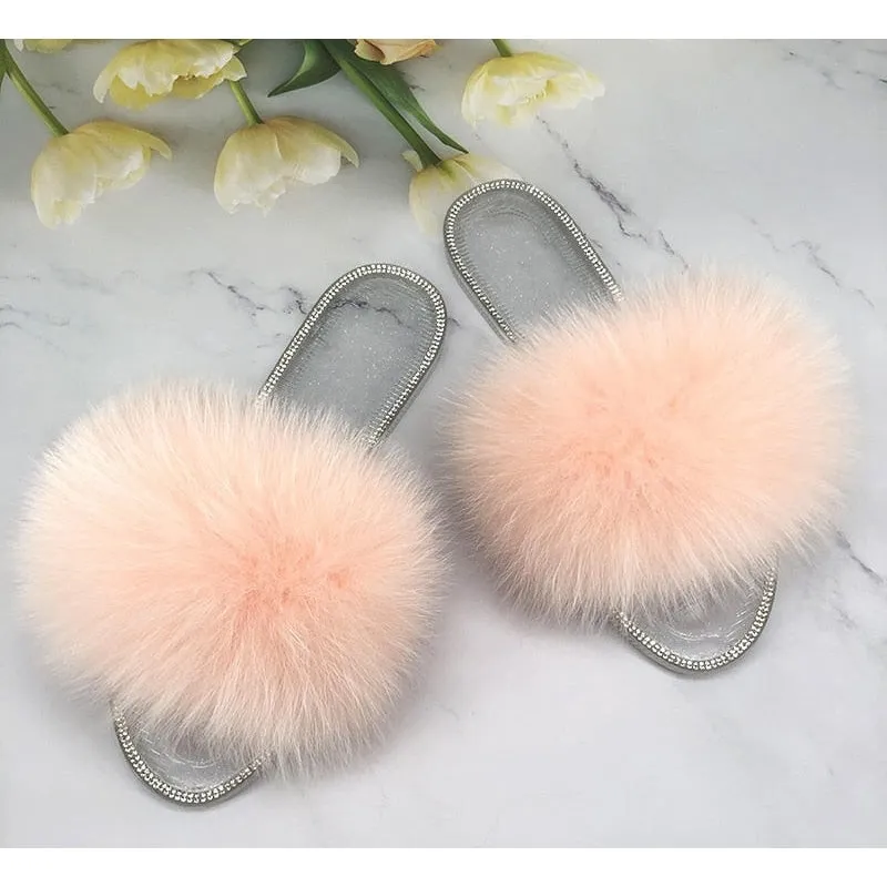 Fluffy Real Fur Beach Slides Transparent Jelly Flip Flop Slipper for Women