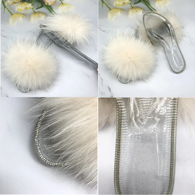 Fluffy Real Fur Beach Slides Transparent Jelly Flip Flop Slipper for Women