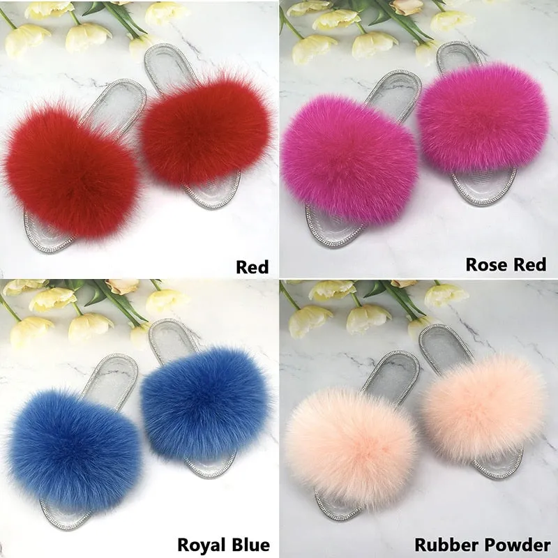 Fluffy Real Fur Beach Slides Transparent Jelly Flip Flop Slipper for Women