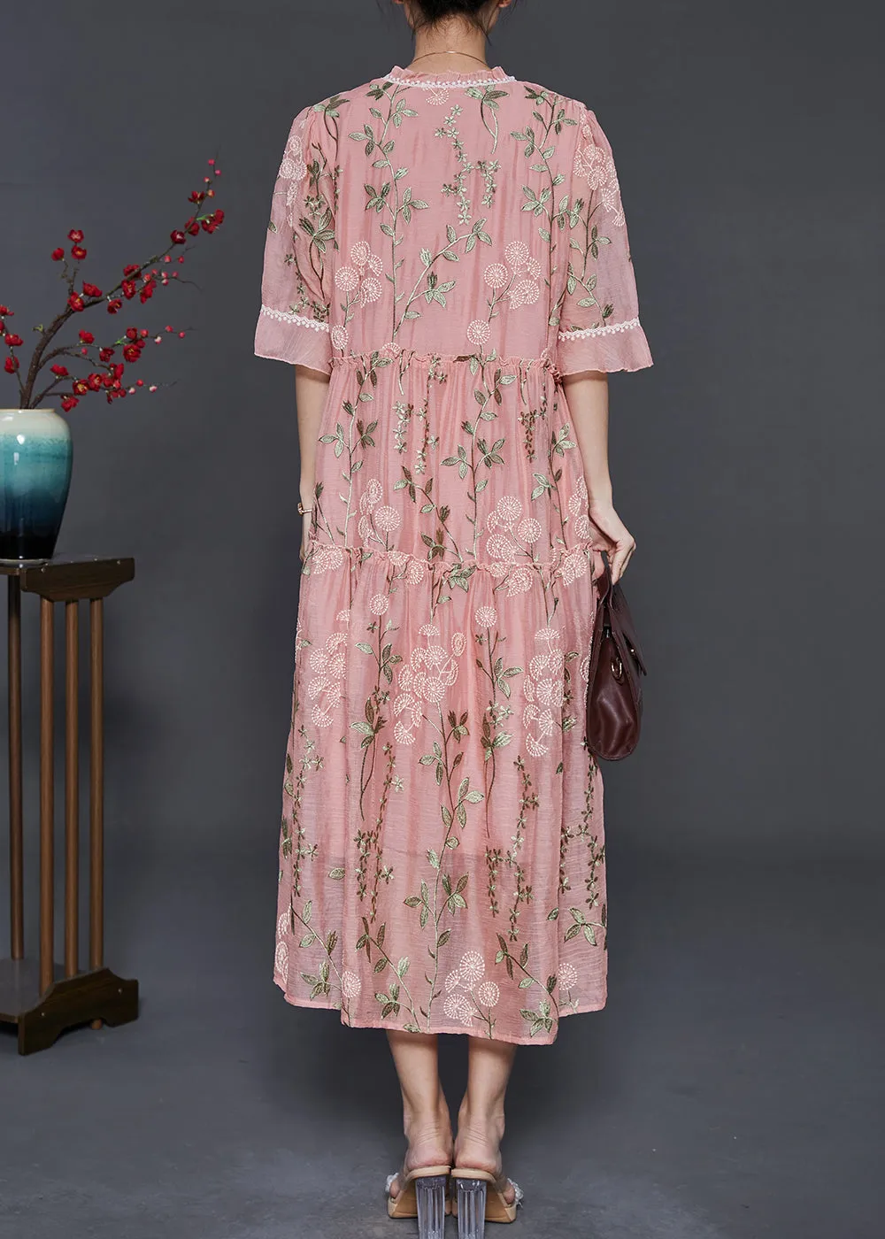 French Pink Ruffled Embroidered Silk Maxi Dresses Summer