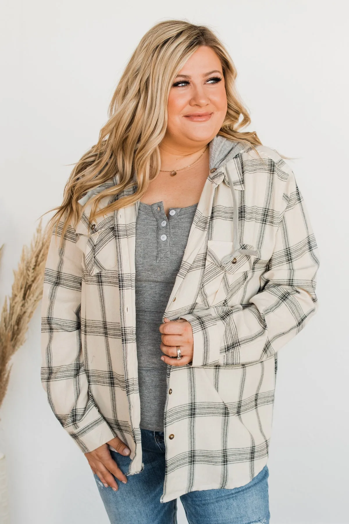 Heartfelt Serenades Hooded Plaid Top- Ivory