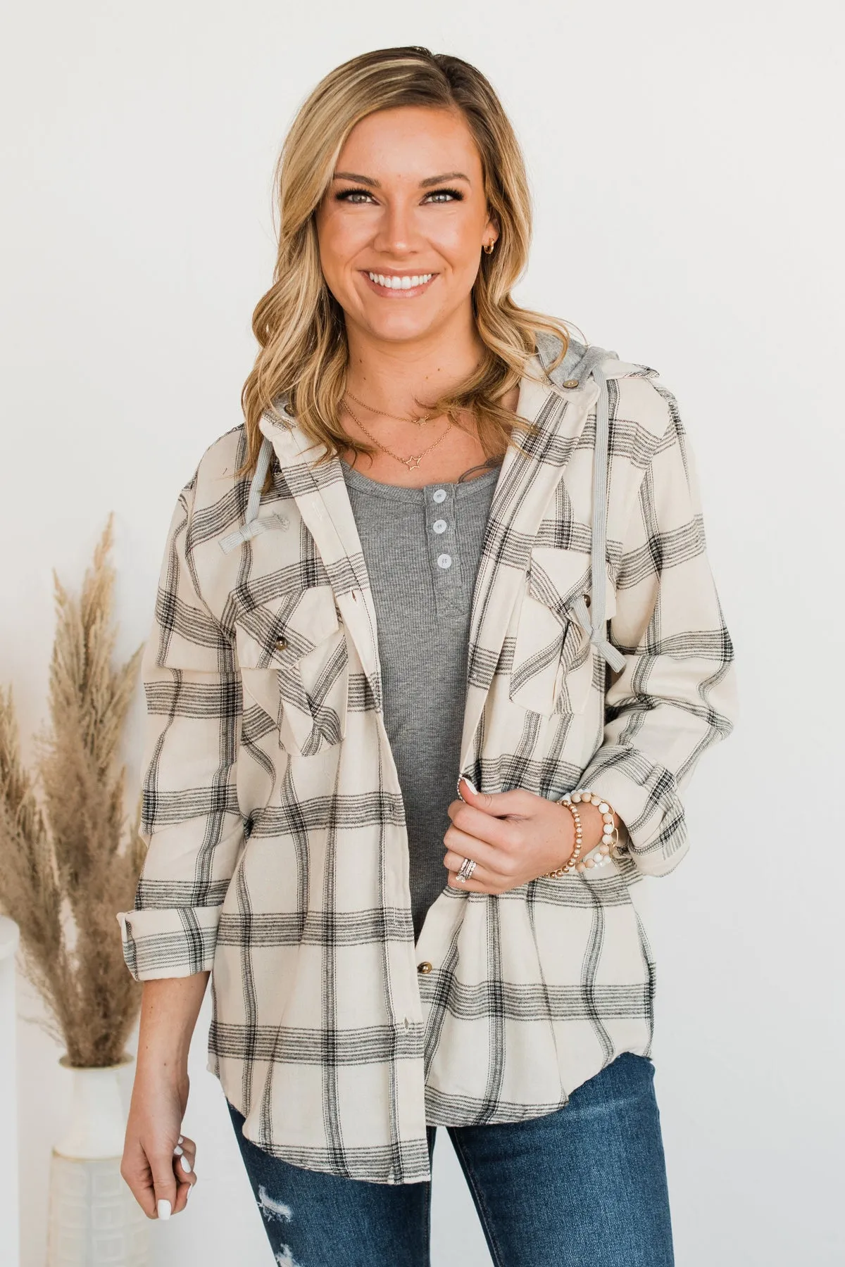 Heartfelt Serenades Hooded Plaid Top- Ivory