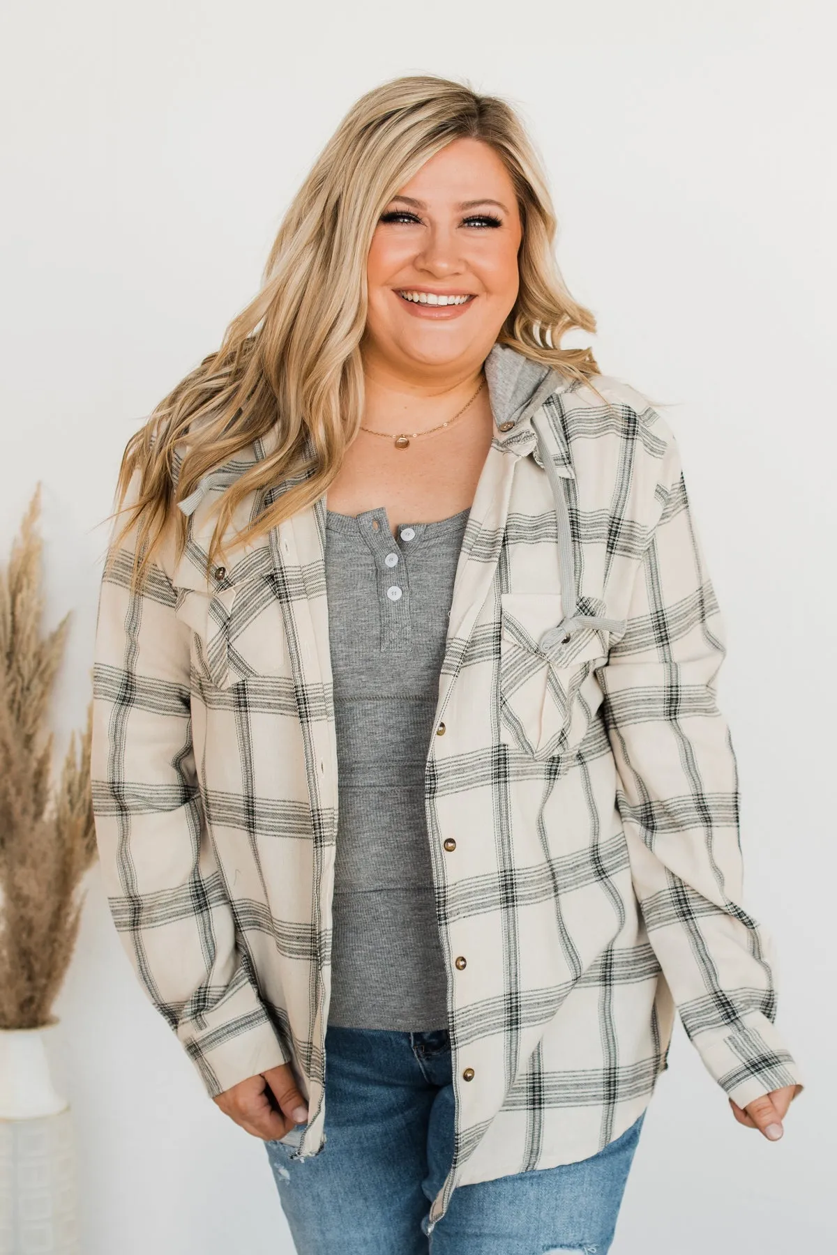 Heartfelt Serenades Hooded Plaid Top- Ivory