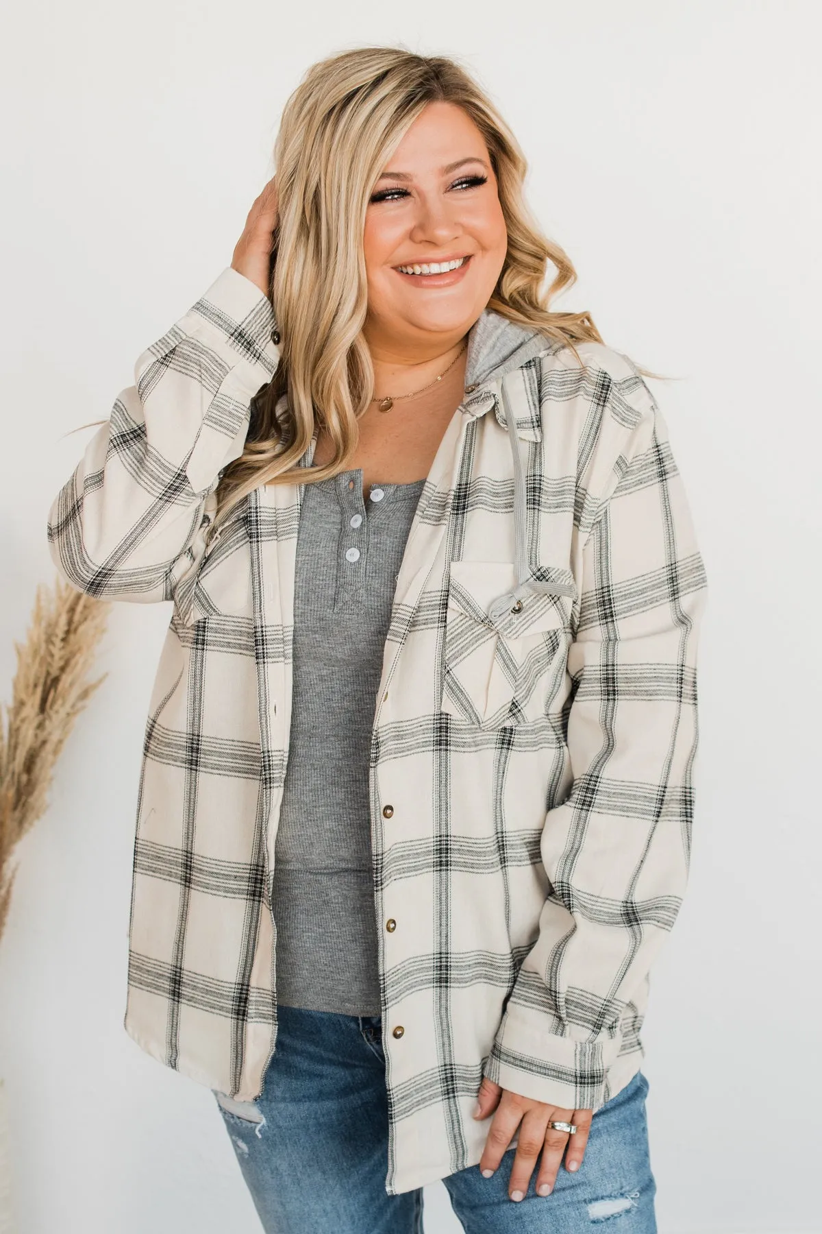 Heartfelt Serenades Hooded Plaid Top- Ivory