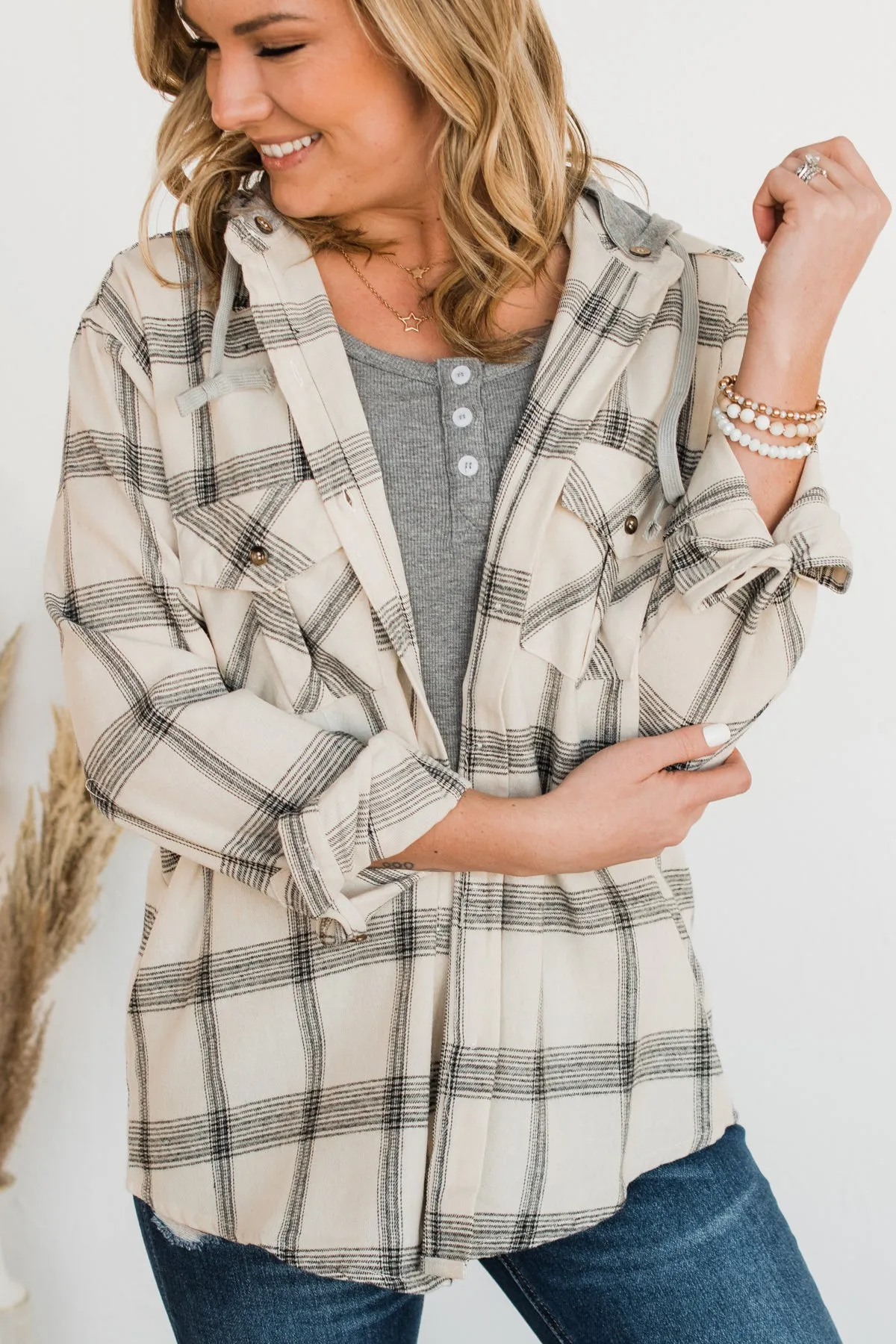 Heartfelt Serenades Hooded Plaid Top- Ivory