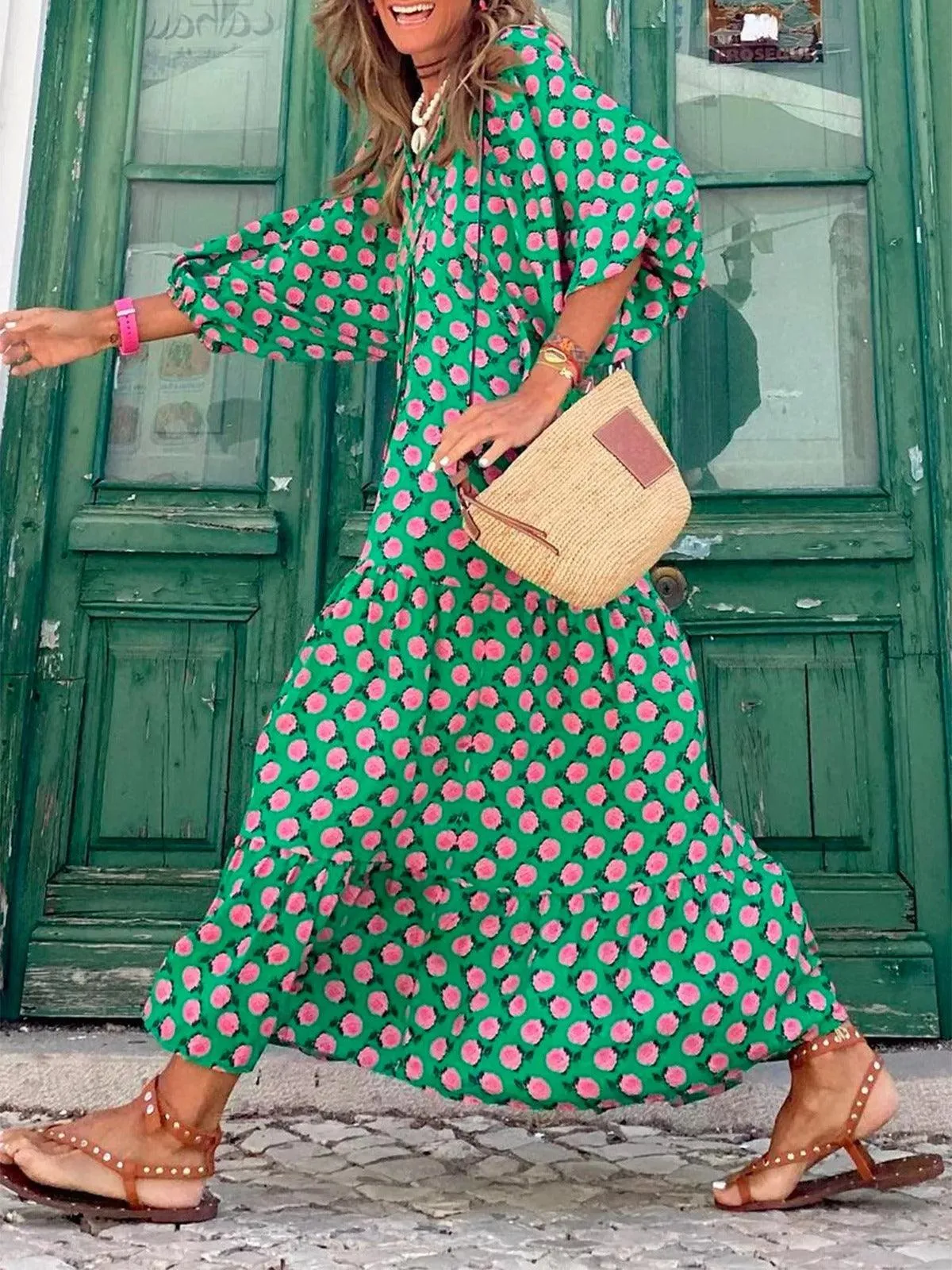 Hot Green Printed Vacation Loose Maxi Dresses