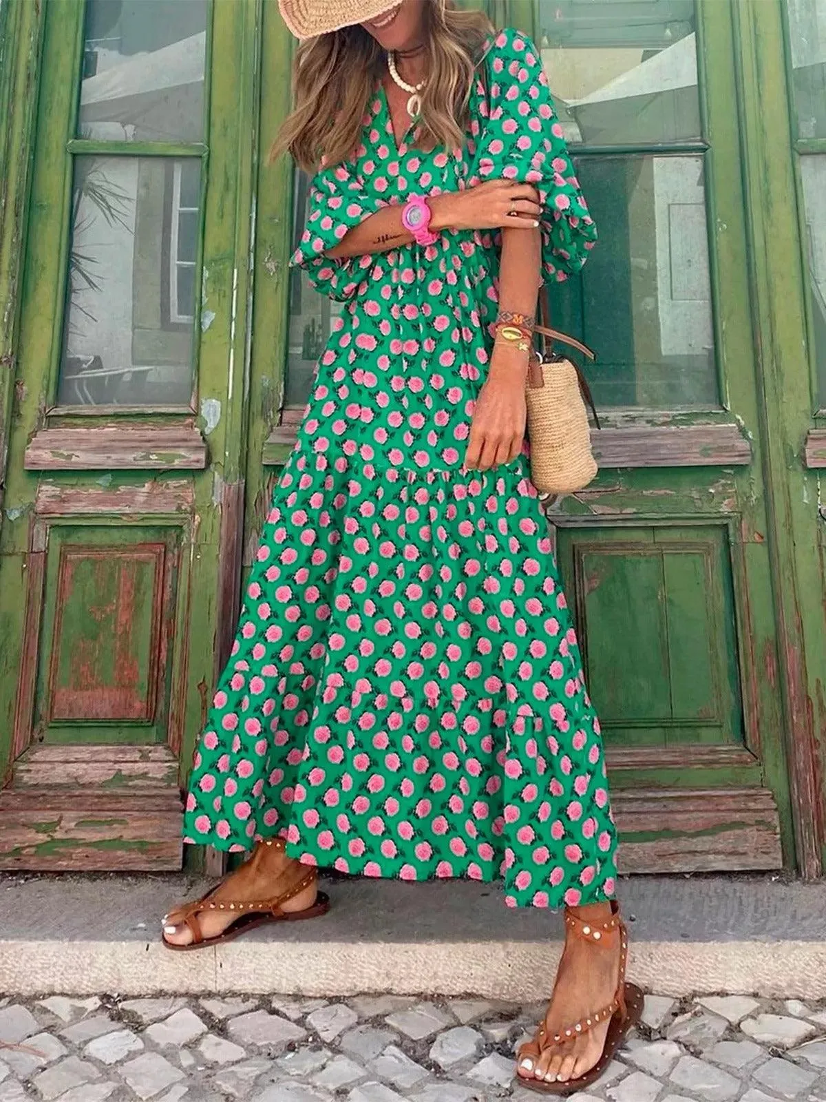 Hot Green Printed Vacation Loose Maxi Dresses