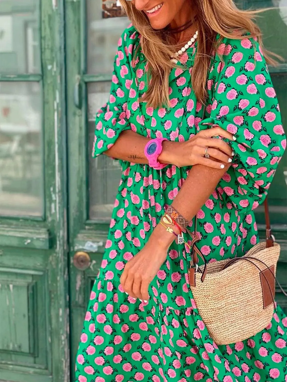 Hot Green Printed Vacation Loose Maxi Dresses