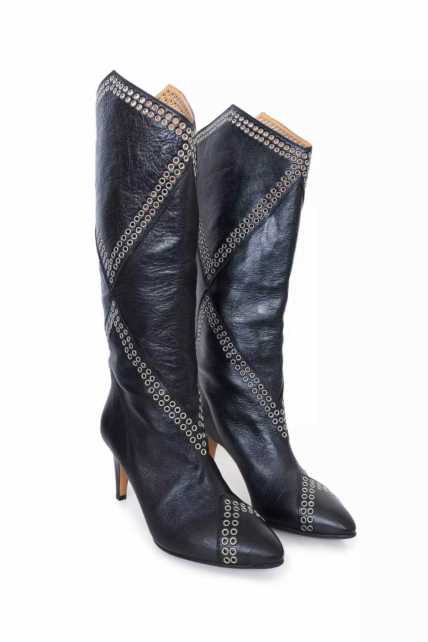 Isabel Marant Black Leather Eyelet Heeled Knee High Boots Size 38