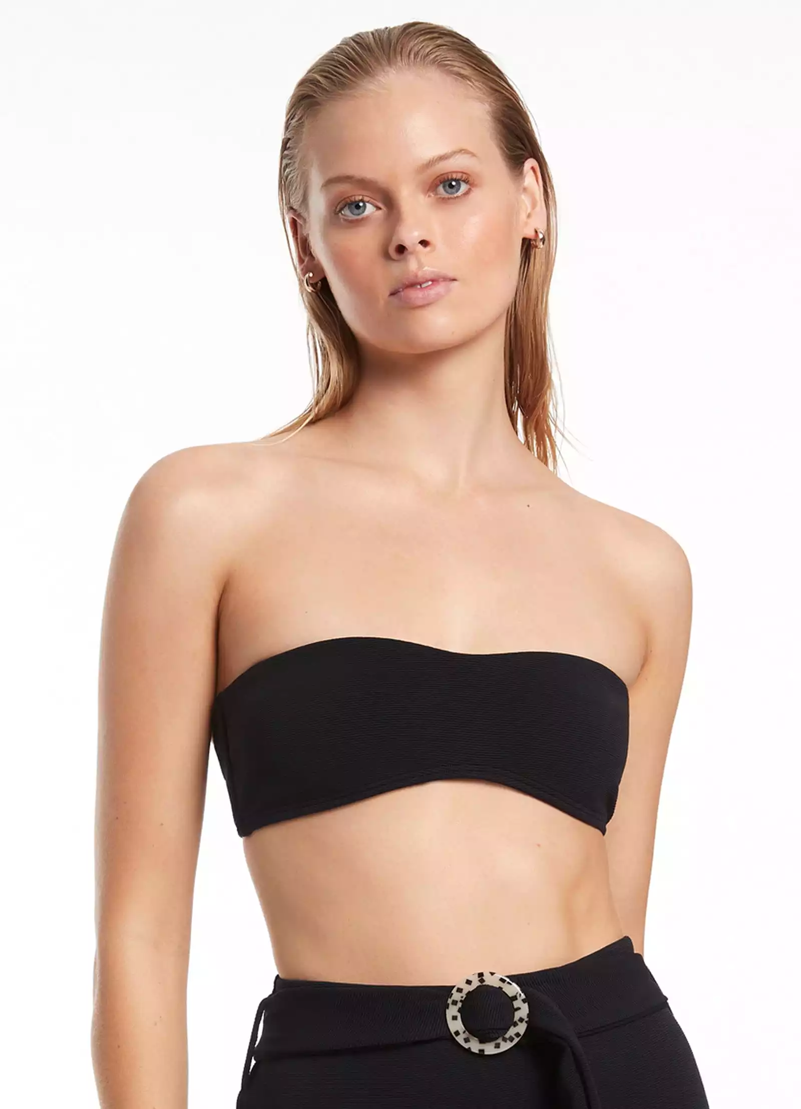 Isla Rib Minimal Bandeau Bikini Top - Black