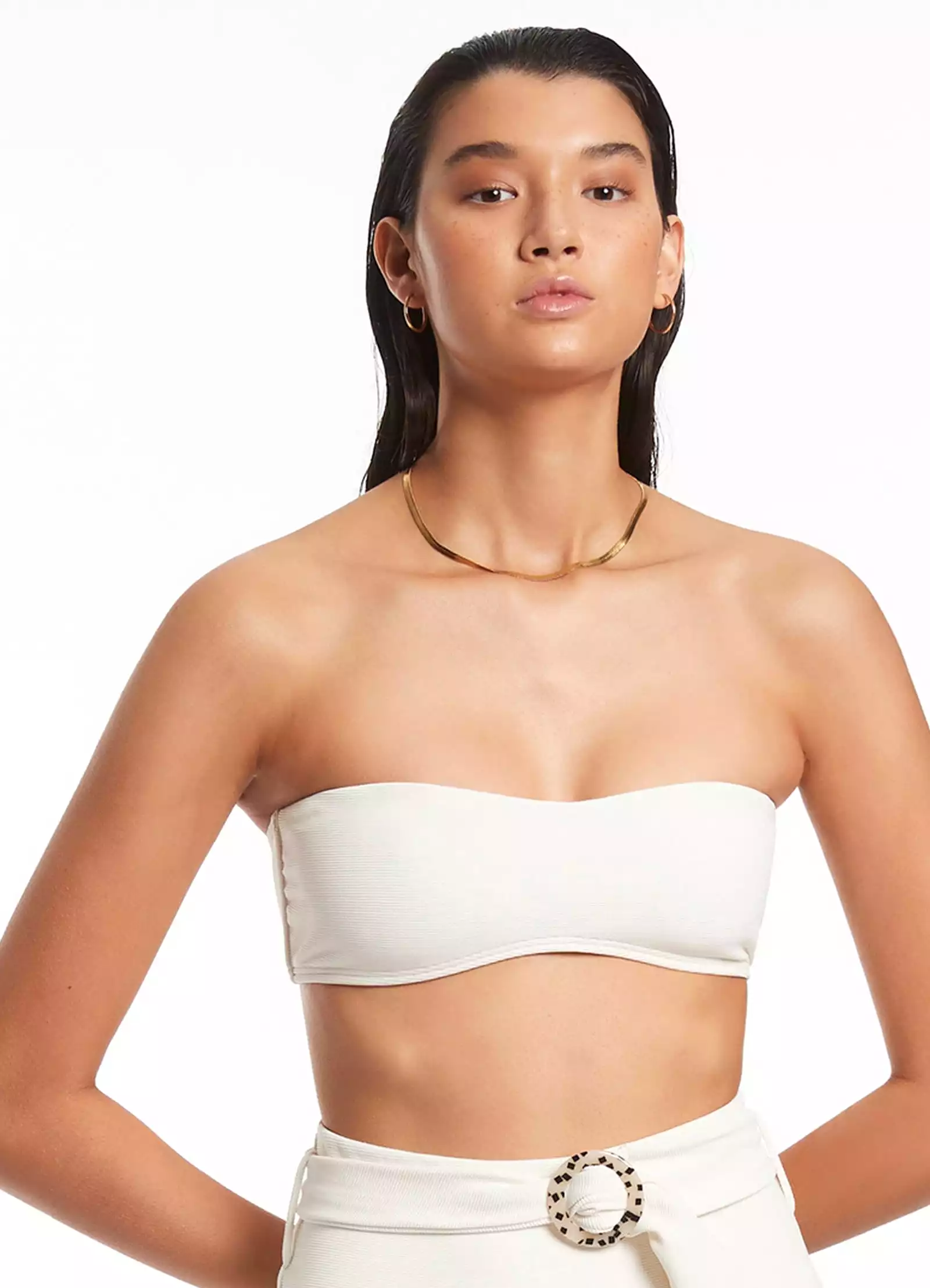 Isla Rib Minimal Bandeau Bikini Top - Cream