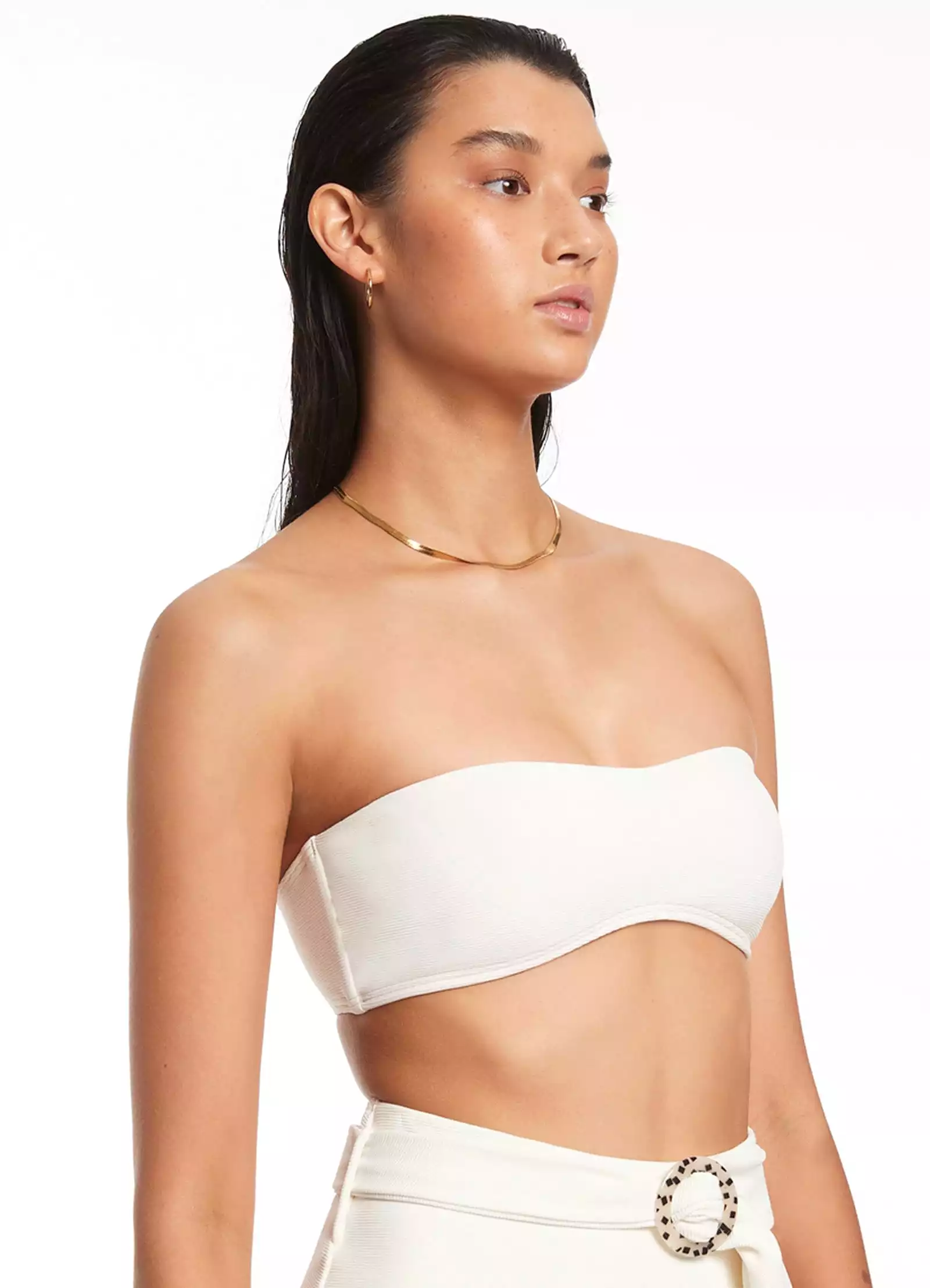 Isla Rib Minimal Bandeau Bikini Top - Cream