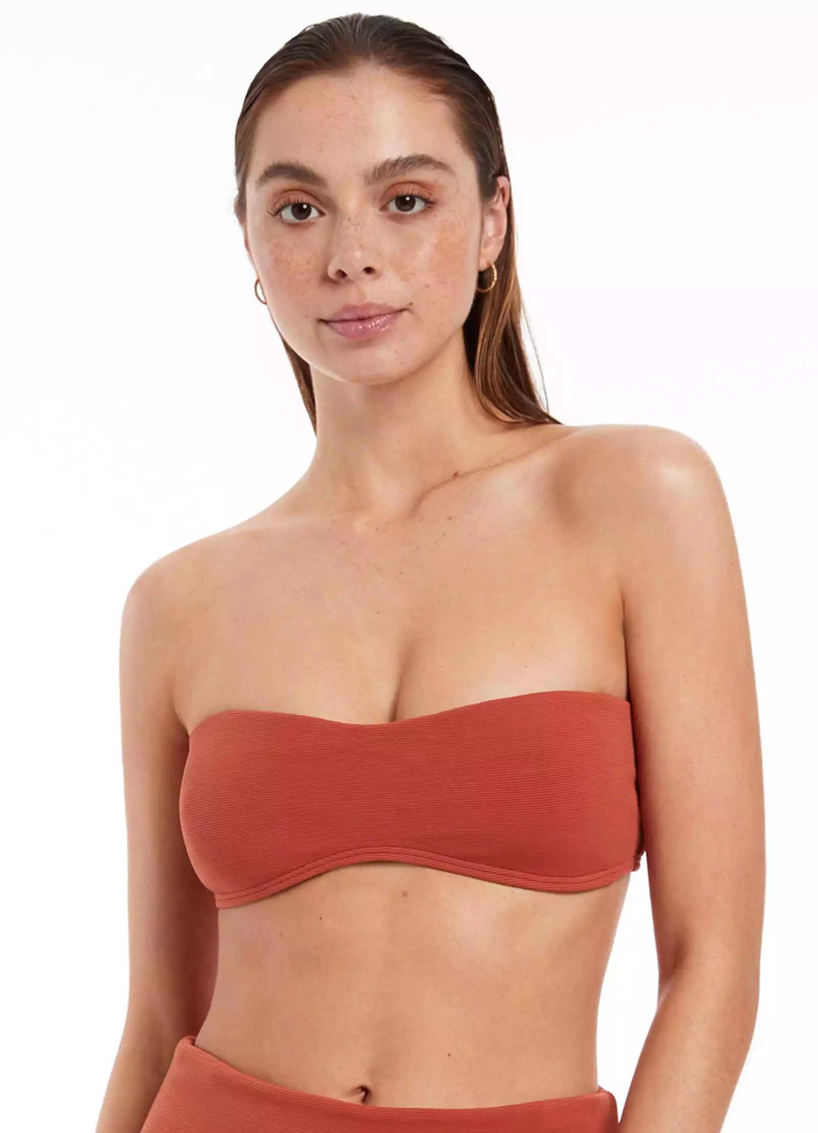 Isla Rib Minimal Bandeau Bikini Top - Russet