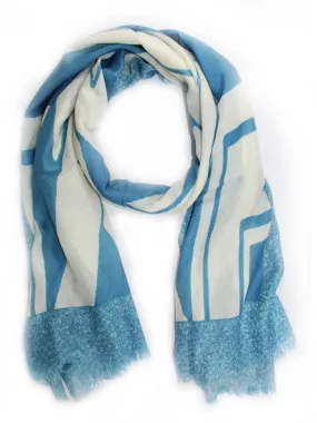 Kiton Scarf Aqua White Geometric Design - Cashmere Silk Shawl