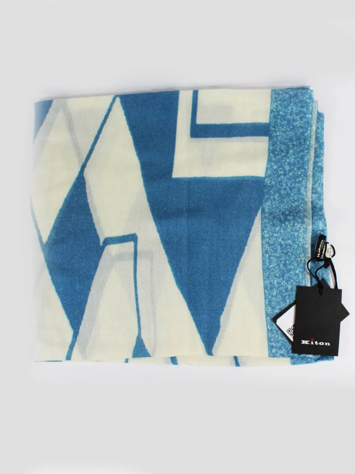 Kiton Scarf Aqua White Geometric Design - Cashmere Silk Shawl