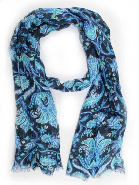 Kiton Scarf Dark Blue Turquoise Ornamental - Linen Shawl SALE