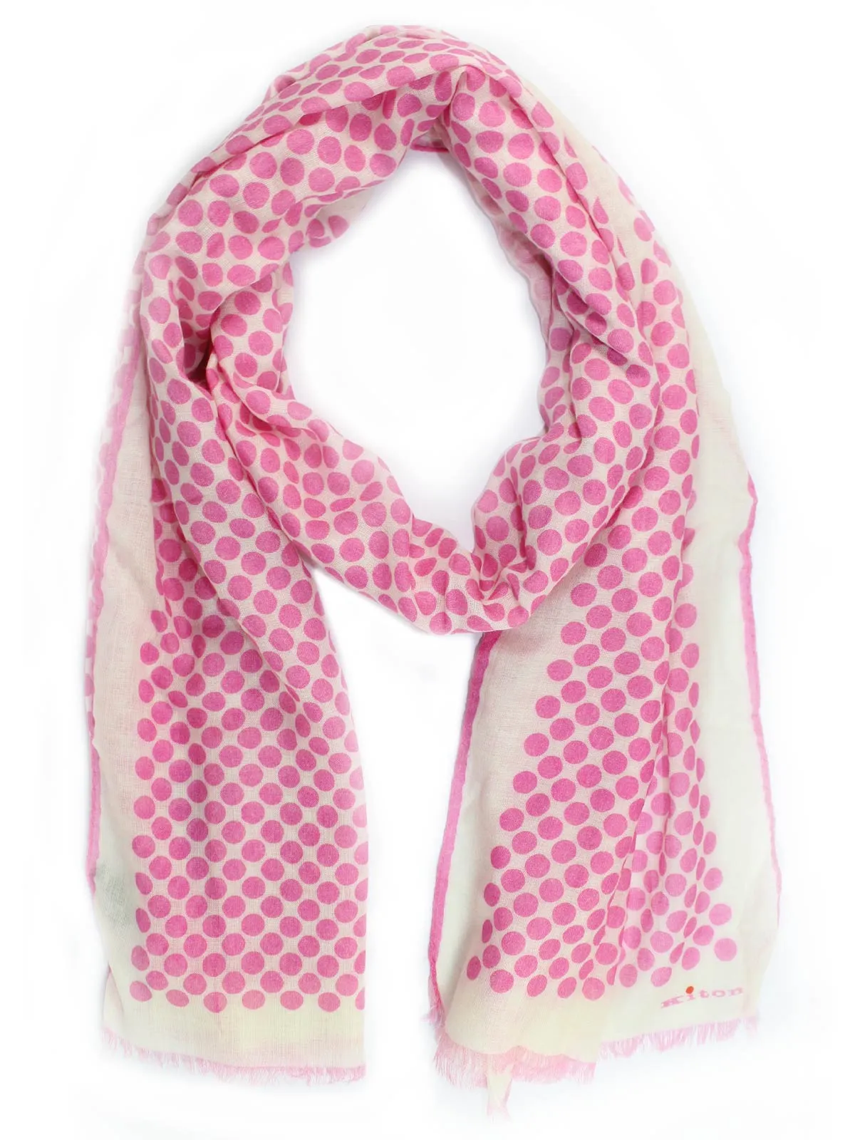 Kiton Scarf White Pink Polka Dots - Cashmere Silk Shawl SALE