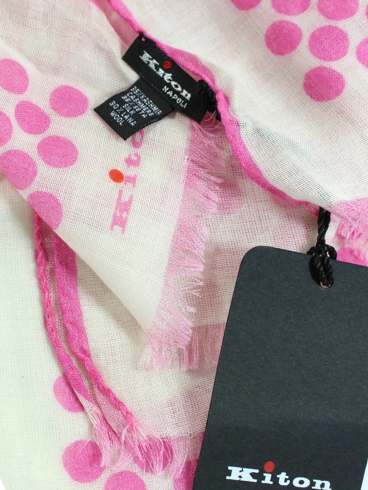 Kiton Scarf White Pink Polka Dots - Cashmere Silk Shawl SALE