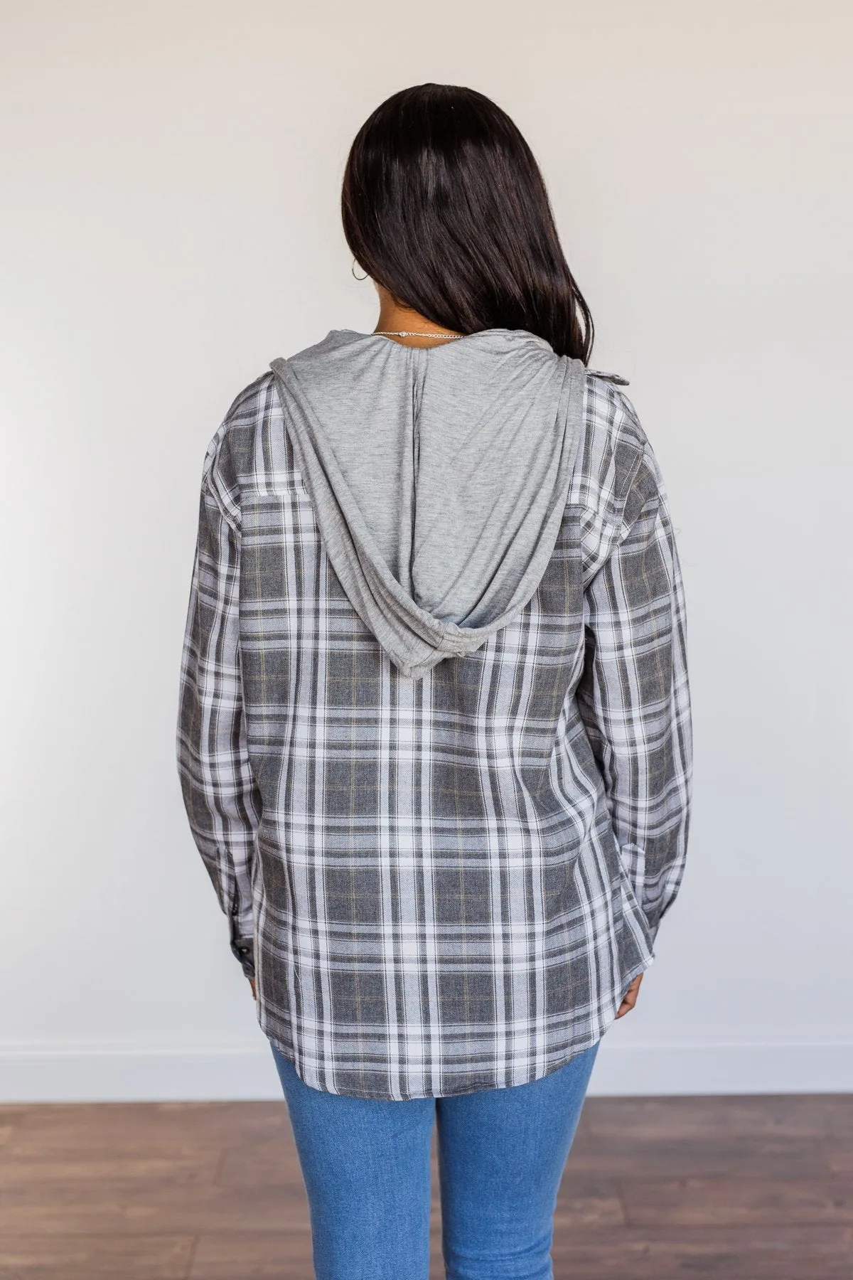 Knowing You're Mine Hooded Plaid Top- Grey