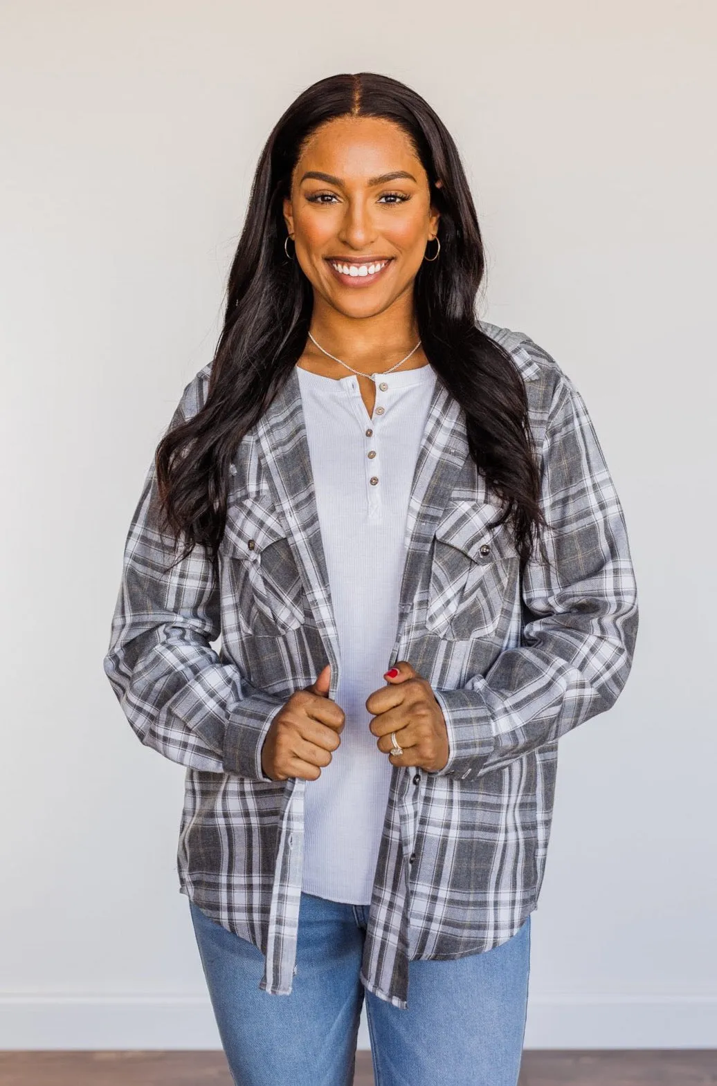 Knowing You're Mine Hooded Plaid Top- Grey