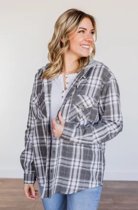 Knowing You're Mine Hooded Plaid Top- Grey