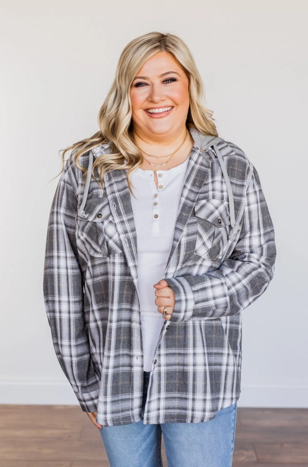 Knowing You're Mine Hooded Plaid Top- Grey