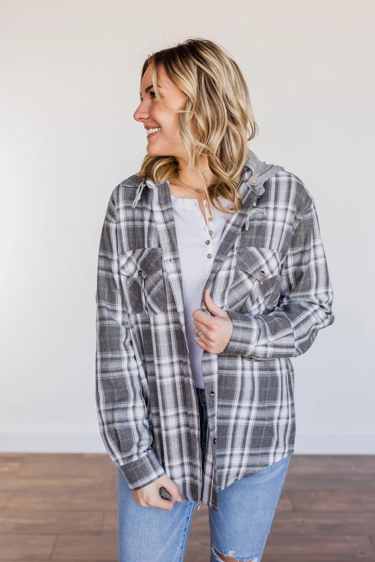 Knowing You're Mine Hooded Plaid Top- Grey