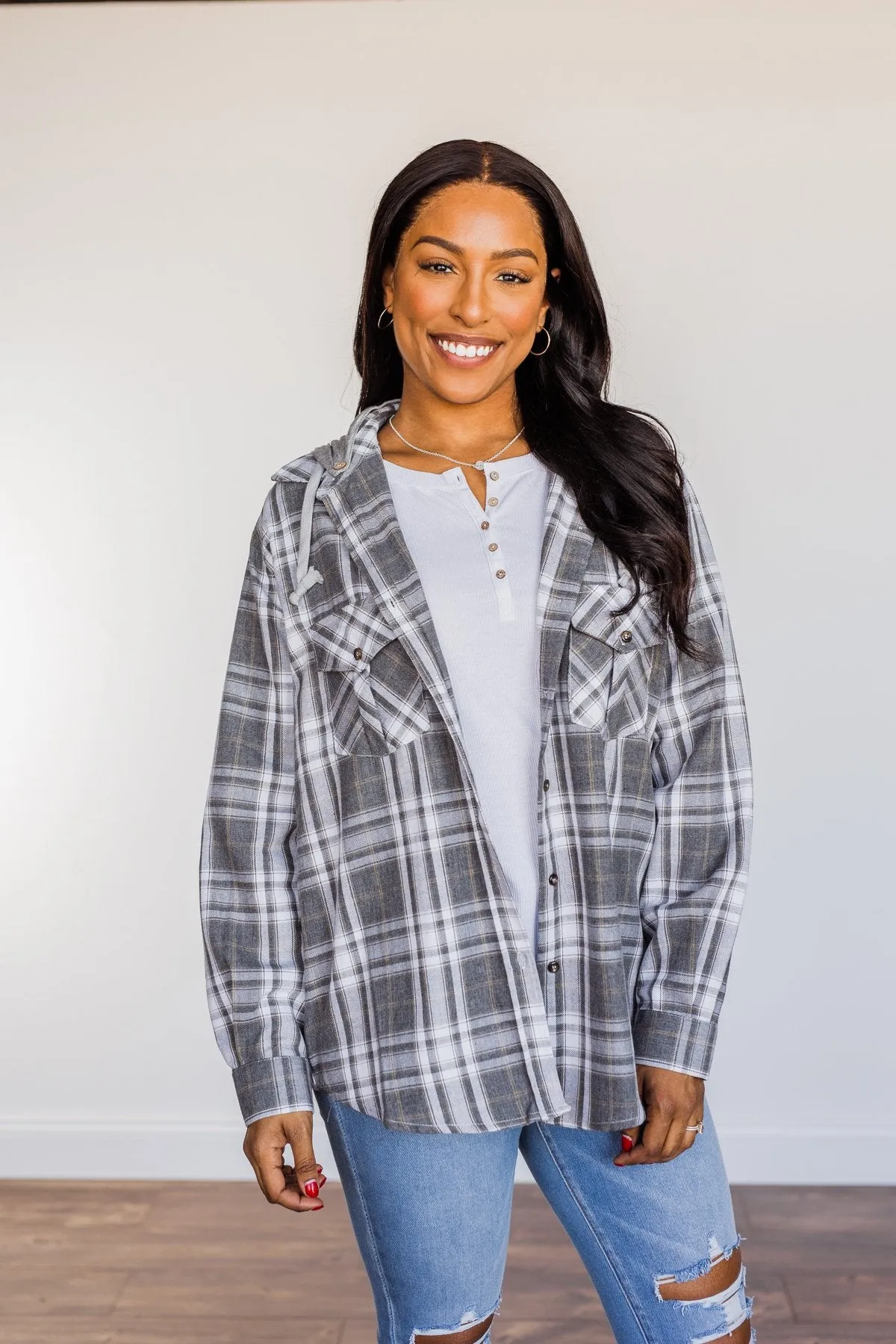 Knowing You're Mine Hooded Plaid Top- Grey