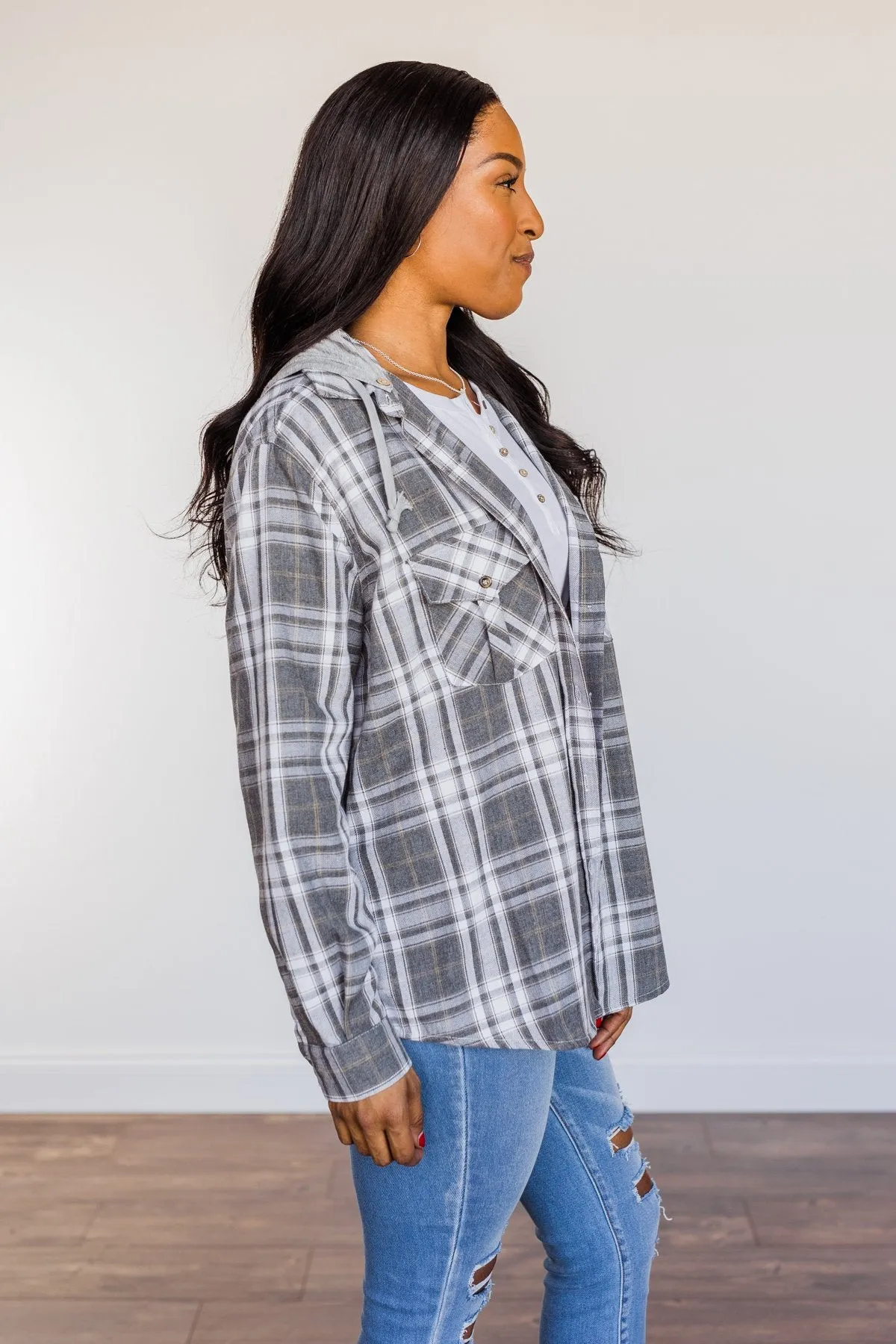 Knowing You're Mine Hooded Plaid Top- Grey