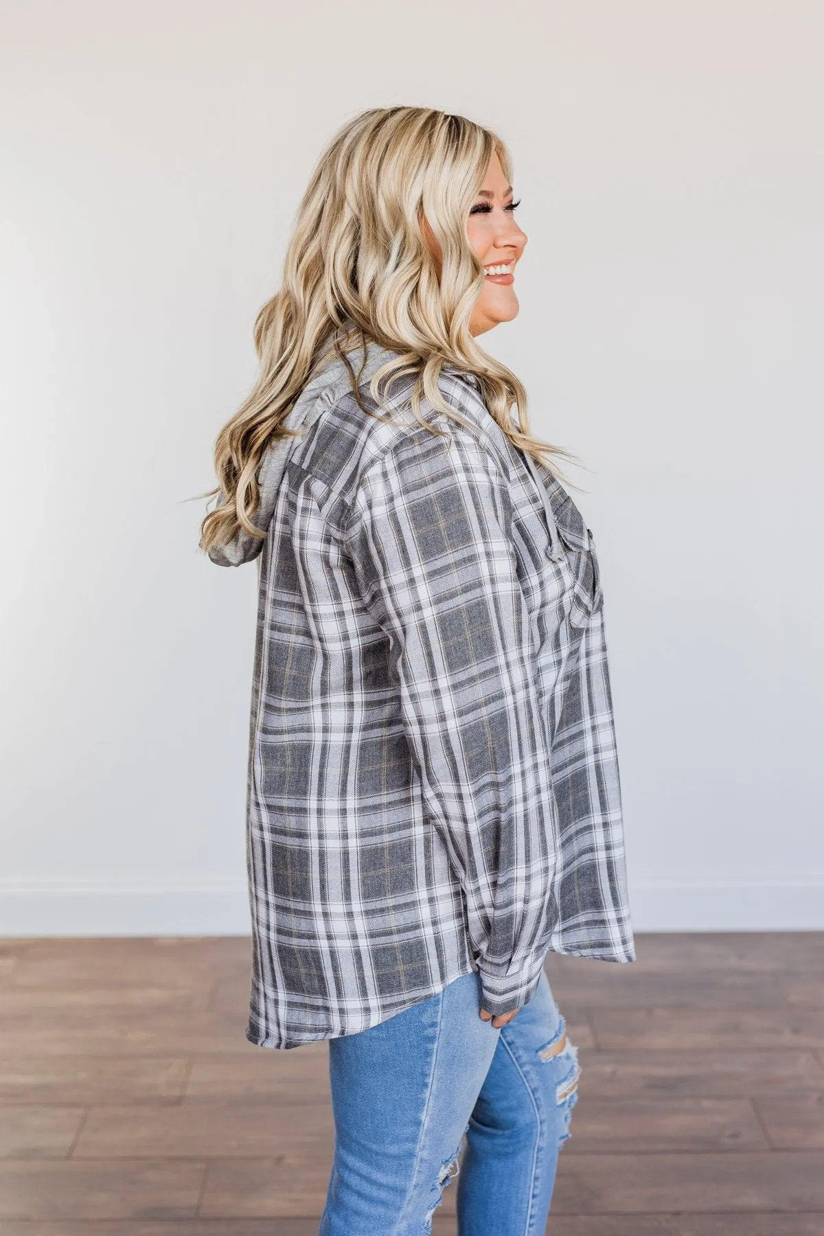 Knowing You're Mine Hooded Plaid Top- Grey