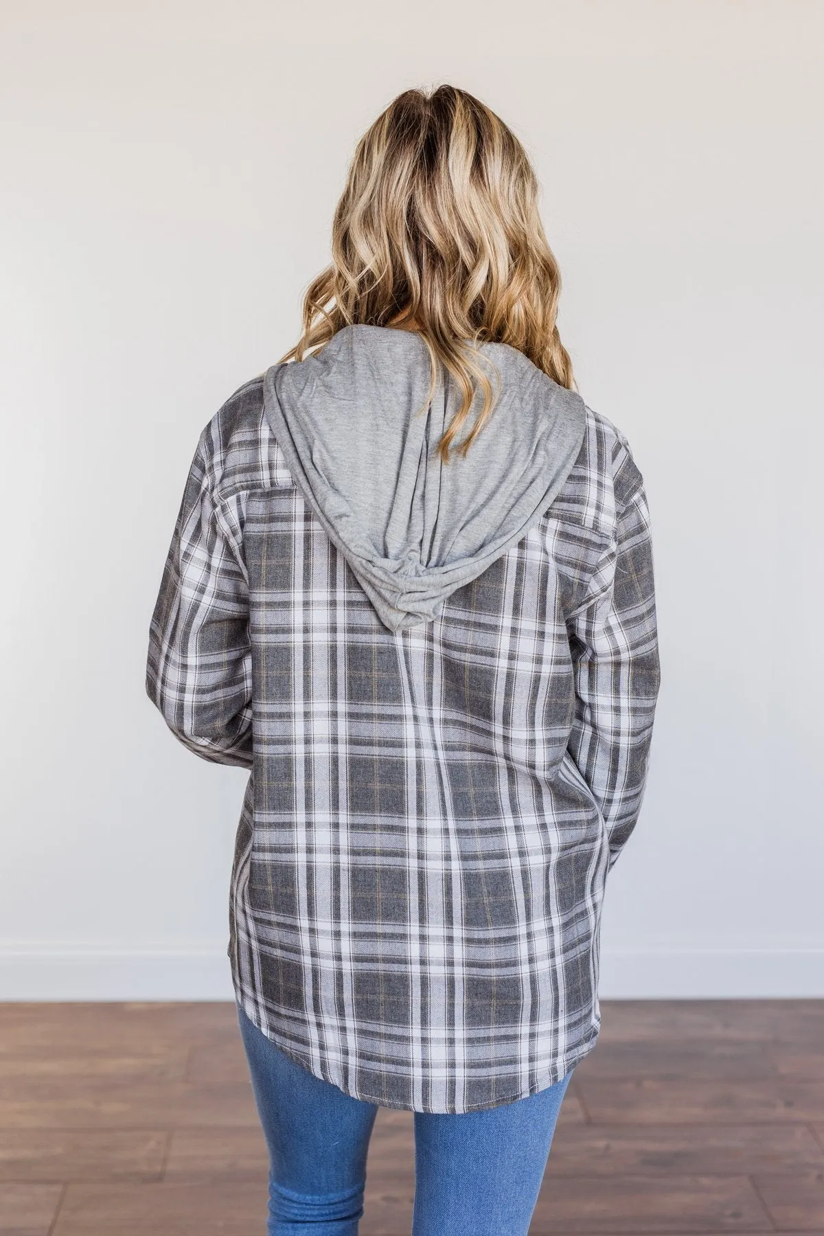 Knowing You're Mine Hooded Plaid Top- Grey