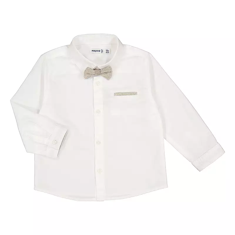 Mayoral Baby White Long Sleeve Cotton Dress Shirt w/ Bow_ 1116-12