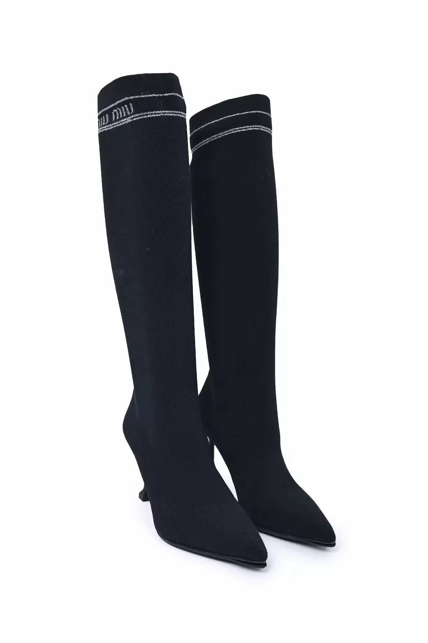 Miu Miu Black Stretch Knit Knee High Heeled Boots Size 36