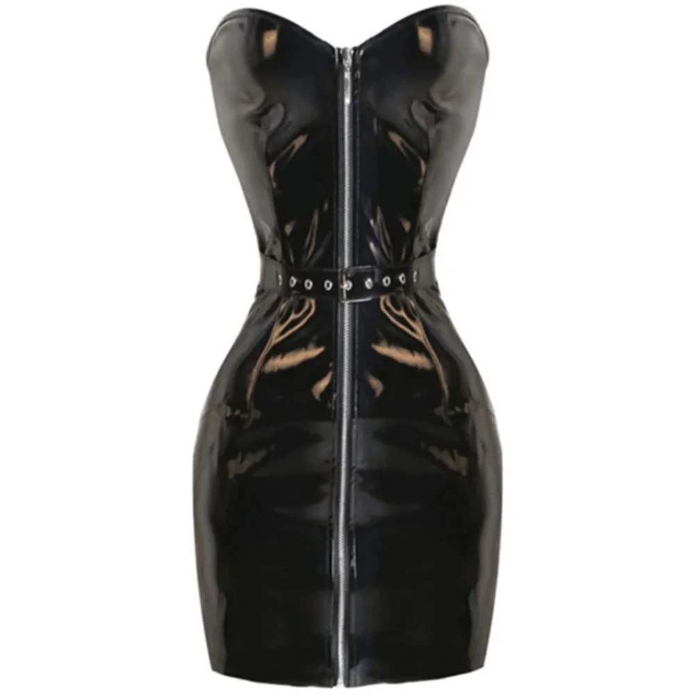 New Lady Sexy Dress Sash Zipper PVC Bodycon Dresses Women Shiny Faux Patent Leather Clubwear Midi Dress