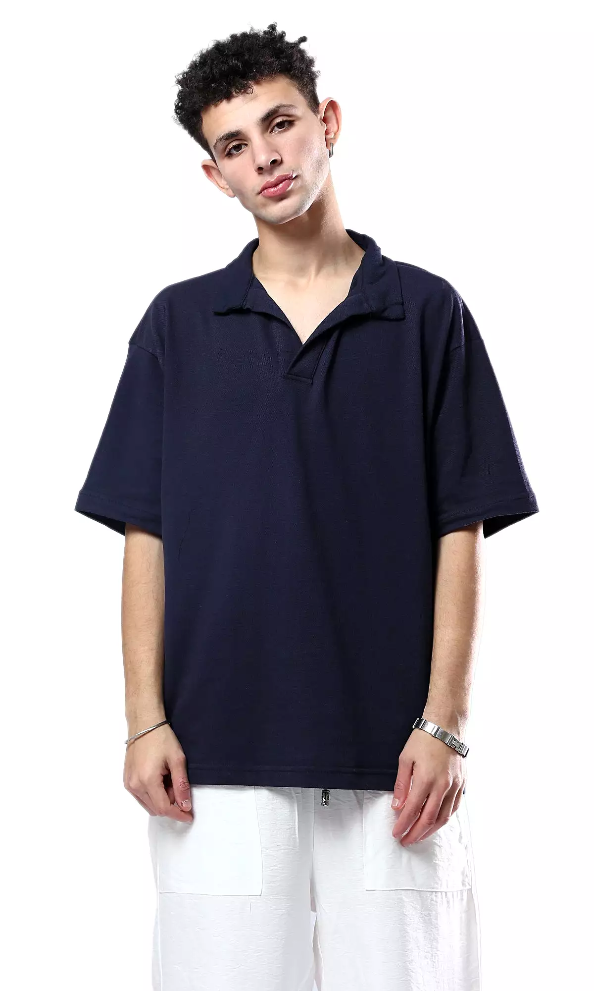 O179248 Solid Slip On Navy Blue Shirt With Classic Collar