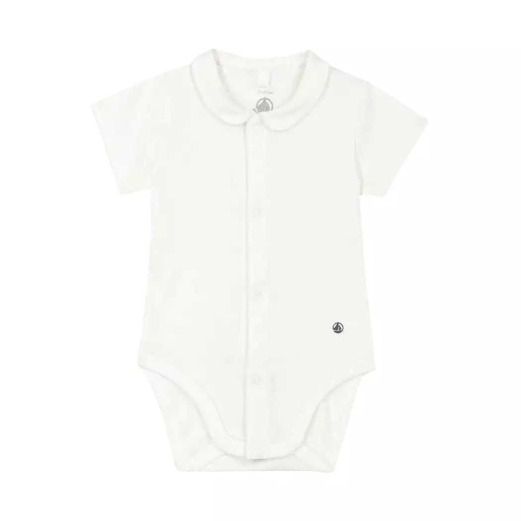 Petit Bateau Baby Short Sleeve Bodysuit Onesie With Collar - White