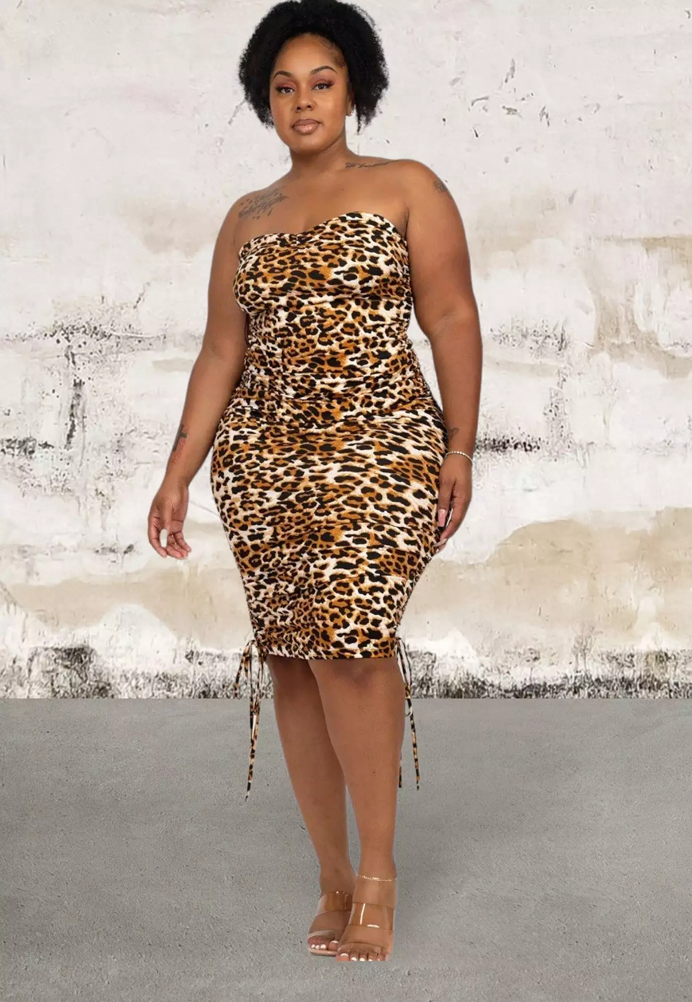 Plus Size Leopard Print Ruched Drawstring Tube Dress